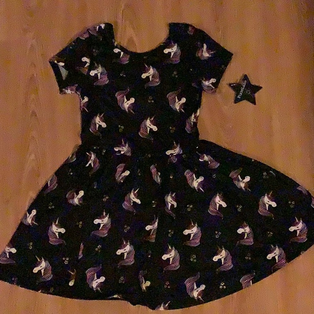 Short Sleeve BeHappy Dress Black Pink Foil Unicorn